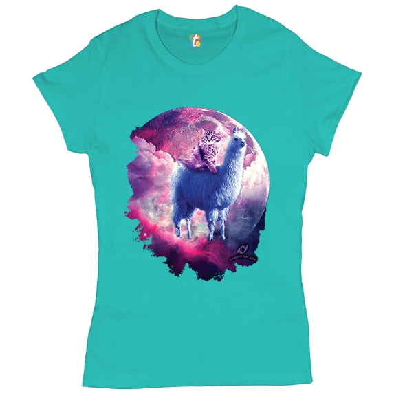 Tee Hunt Cat Riding a Llama in Space T-Shirt Weird Galaxy Moon Creative Women's T-Shirt Tee, Light Blue, X-Large