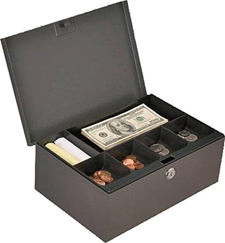 Rocky Mountain Goods Extra Deep Cash Box with Key Lock - 2 Keys Includes - Six Compartment Tray - Full Length Hinge - Carrying Handle - Welded Steel Construction