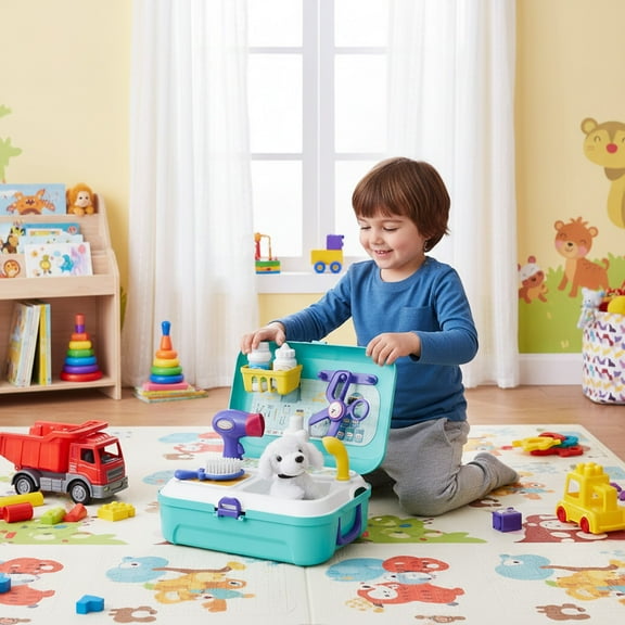 Rourlinge Pretend Play Veterinarian Pet Care Toy Set Plastic Animal Doctor Grooming Kit with Comb Brush Hair Dryer Educational Role Play Toys for