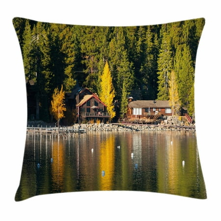 Lake Tahoe Throw Pillow Cushion Cover, Carnelian Bay Photography Log Cabin in the Woods Holiday Destination Lakeside, Decorative Square Accent Pillow Case, 18 X 18 Inches, Multicolor, by