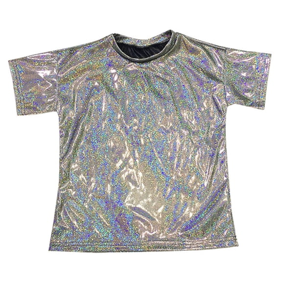 XIMIN Kids Girls Boys Shiny Metallic Short Sleeve T-Shirt Sparkly Glitter Top for Jazz Dance Hip Hop Performance Party Blouse