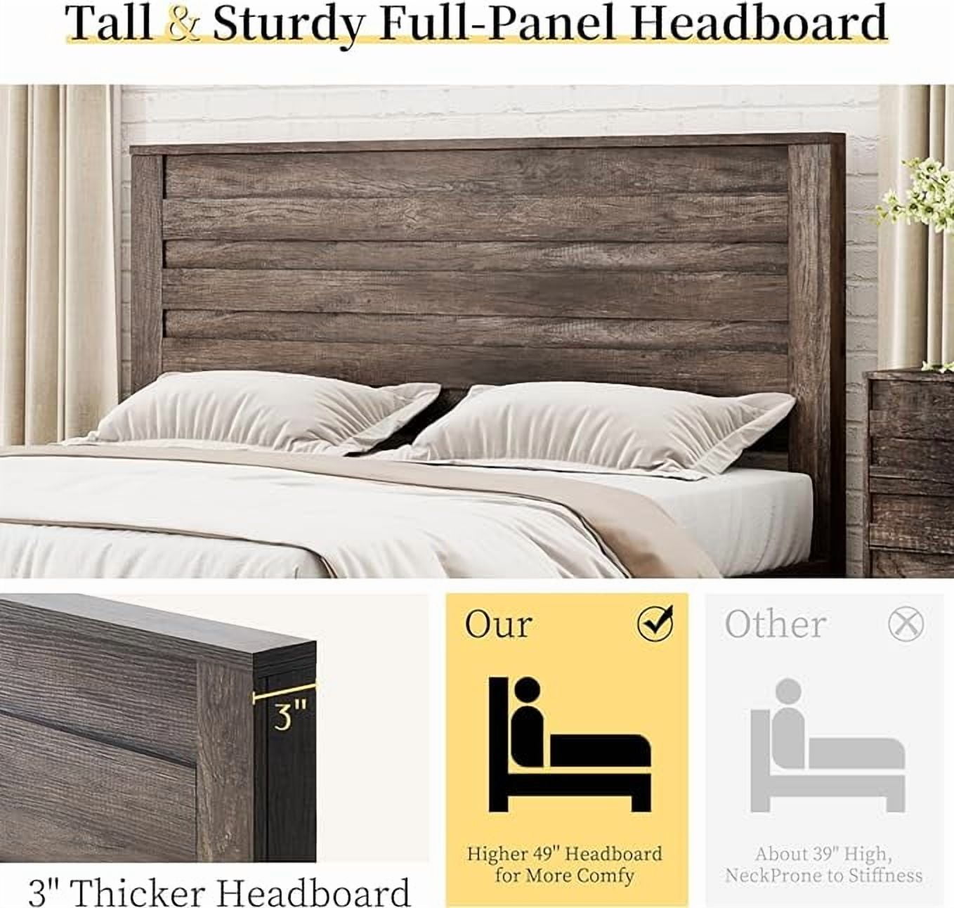 VanAcc Queen Size Bed Frame with 49" Tall & Full-Panel Headboard, Farmhouse Platform Bed with Wood Slats & Metal Bed Frame, Noise Free