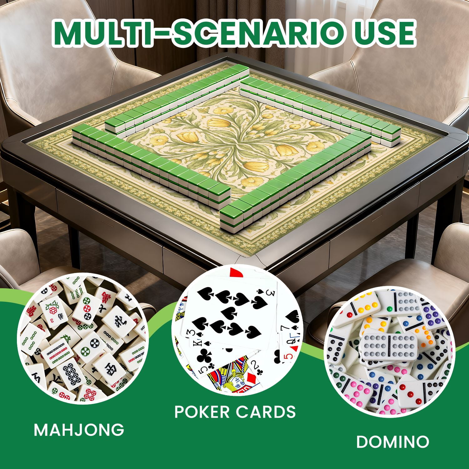 Mahjong Mat 31.5" x 31.5" Floral Mandala Yellow Tulips White Daisies Green Non-Slip Noise Reduction Mahjong Tiles Table Cover for Dominoes Poker Card Board and Tile Games