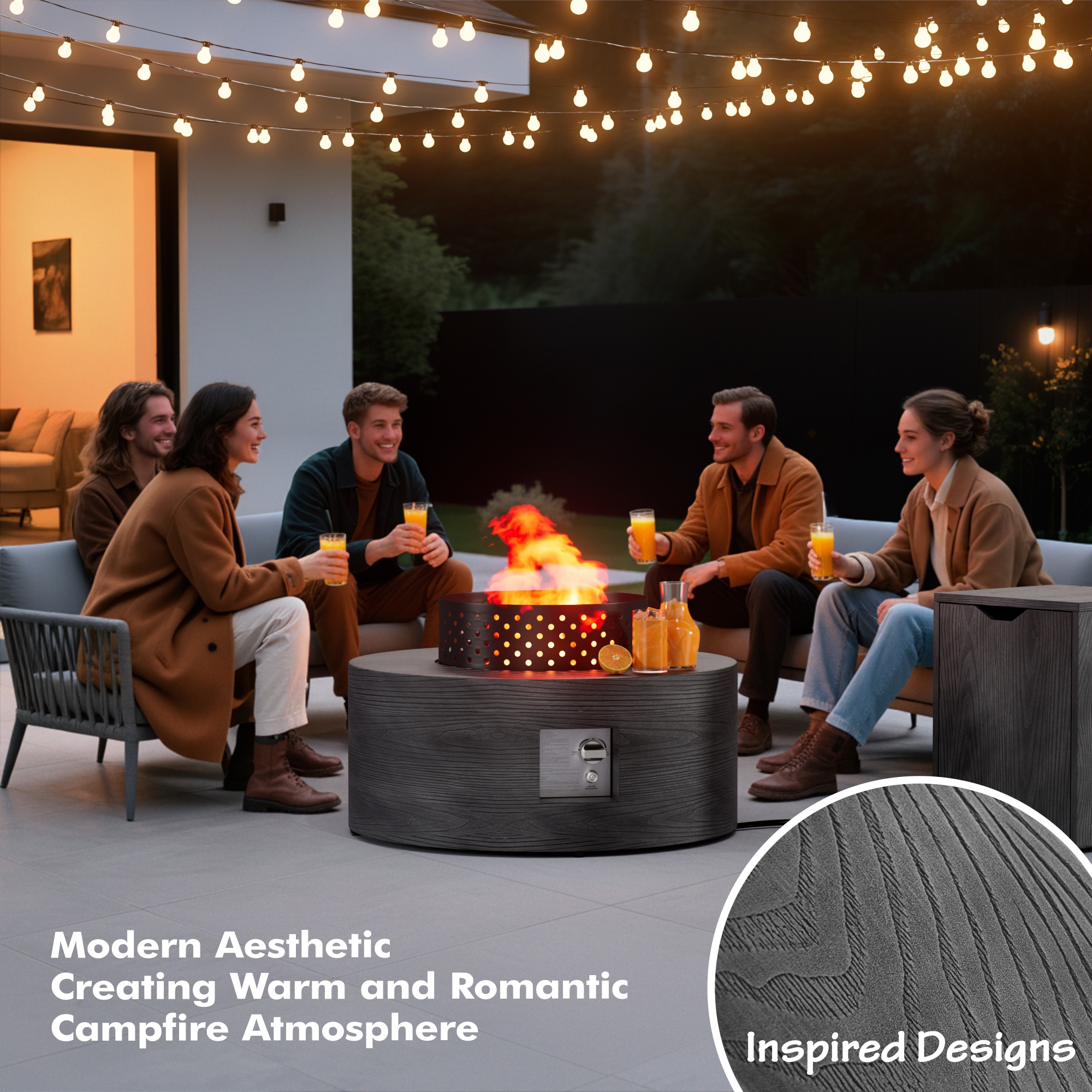 30 in. Round Coating Steel Propane Firepit Table, 50,000 BTU Outdoor Fire Pit Table in Dark Gray Wood Grain