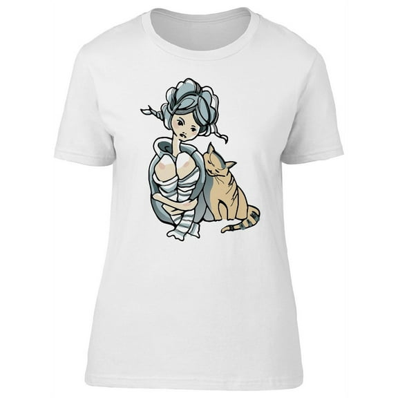 Cure Girl With Her Cat T-Shirt Women -Image by Shutterstock, Female Large