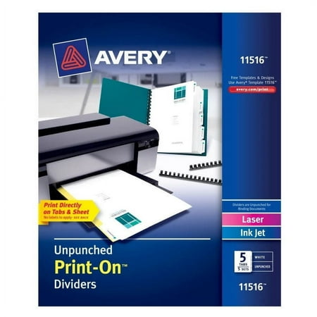UPC: 0072782115166 | Avery 11516 Print-On 11 in. x 8.5 in. 5-Tab Customizable Unpunched Dividers – White (5/Pack)