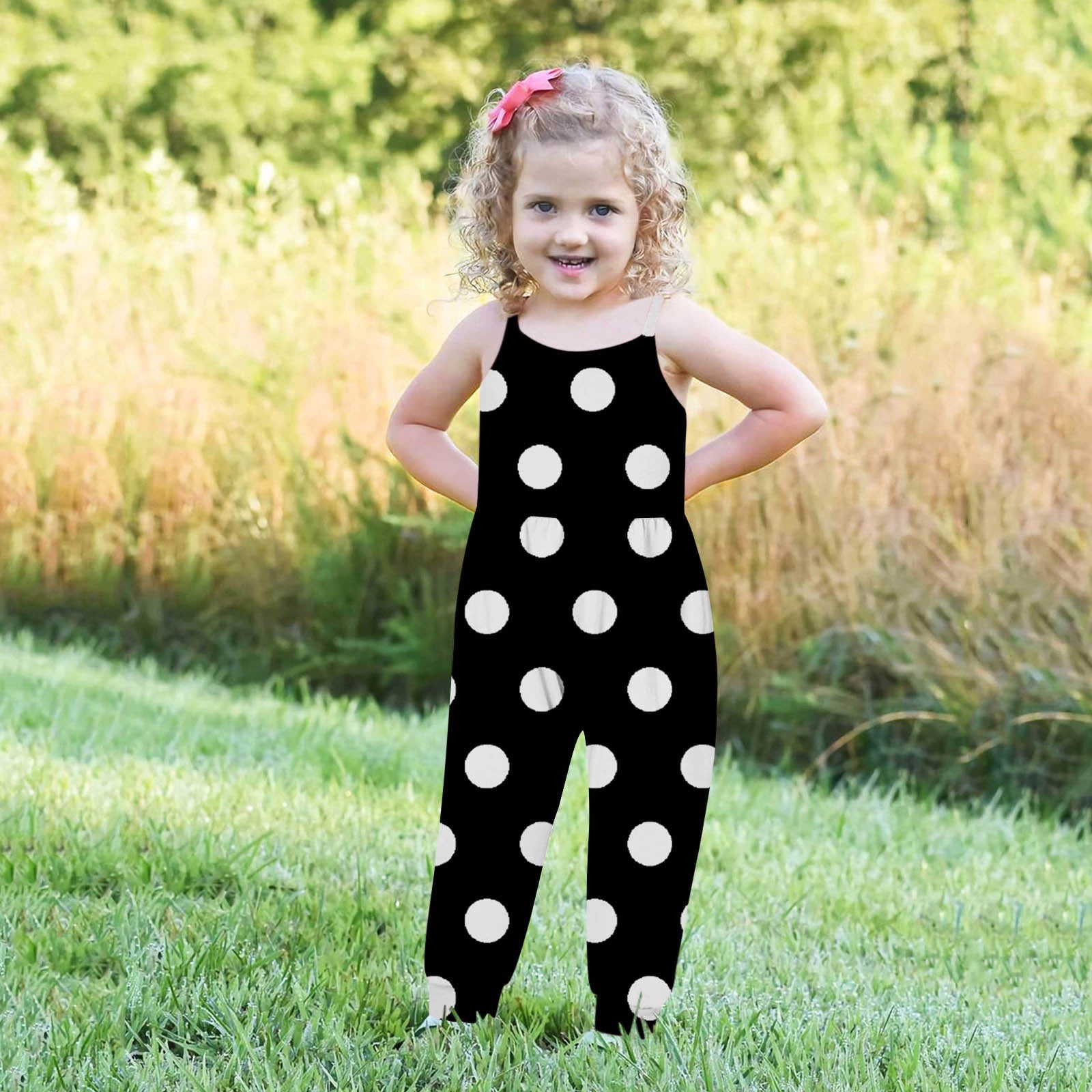 Kid Girl Figure Print Polka dots Splice Belted Slip Rompers