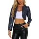 thumbnail image 1 of Chaquetas cortas de cuero PU Inspire Chic para mujer, chaqueta de manga larga de frente abierto, color azul oscuro, 1 of 5