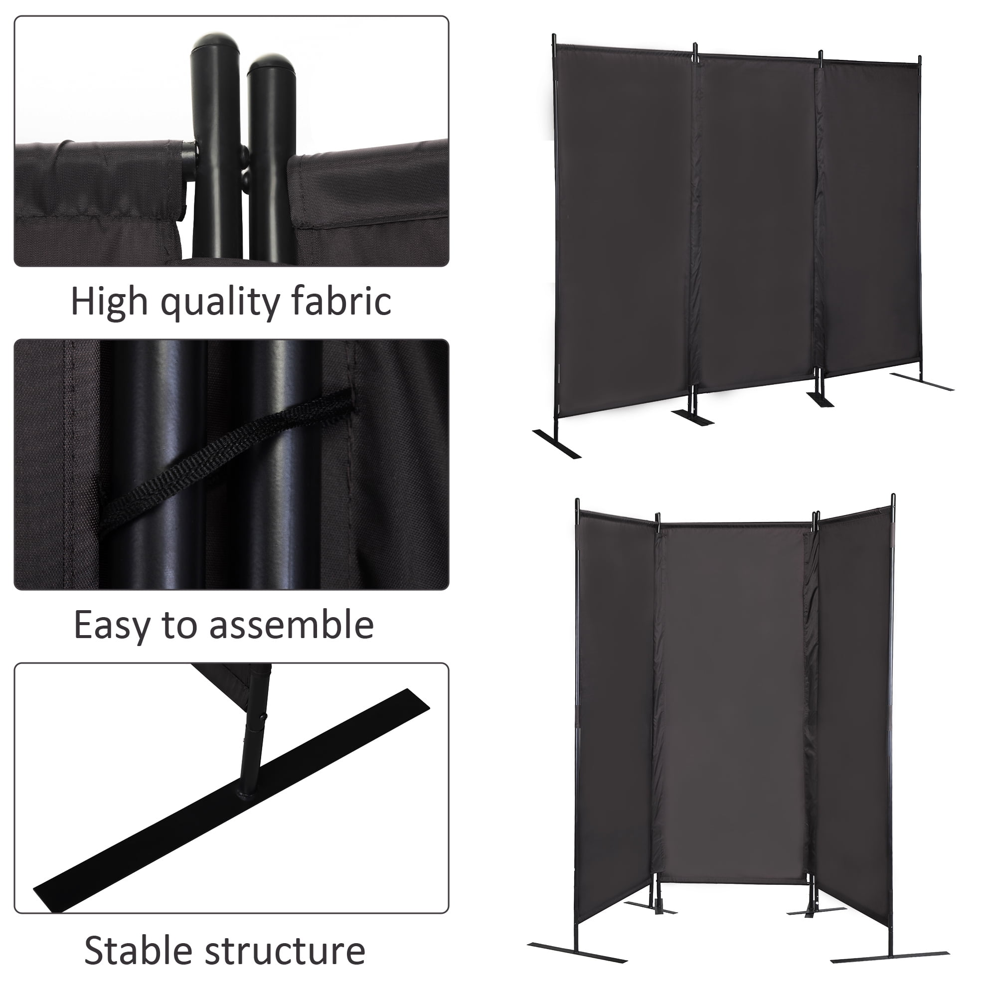 JAXPETY 6 Ft Modern Room Divider, Folding Privacy Screen with 3 Panels and Metal Standing, Portable Wall Partition for Home Office Separator, Black