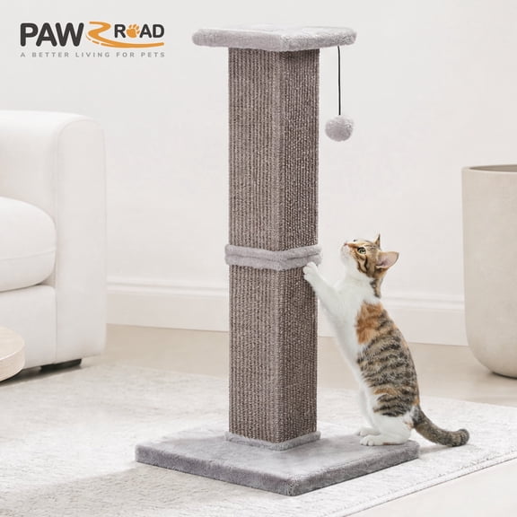PAWZ Road 31" Natural Sisal Cat Scratching Post for Indoor Cat Scratcher with Plush Large Base, Gray