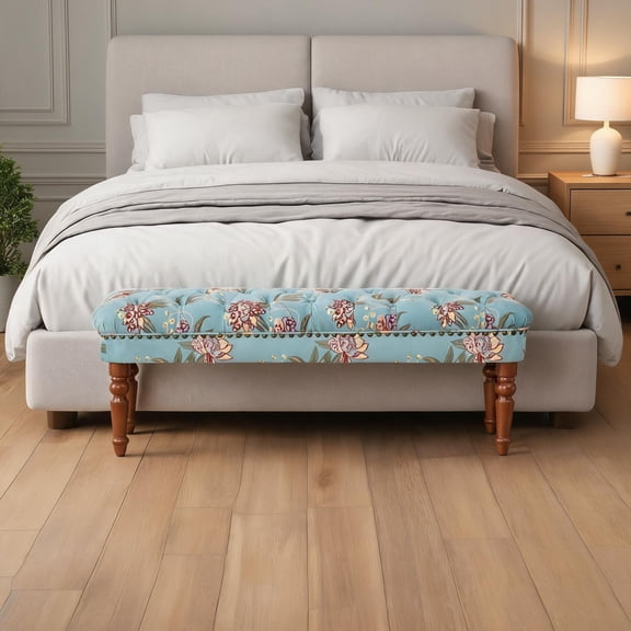 Upholstered Floral Bench Ottoman for Bedroom and Living Space, Blue Finish, 47.25-Inch, 2-Seater