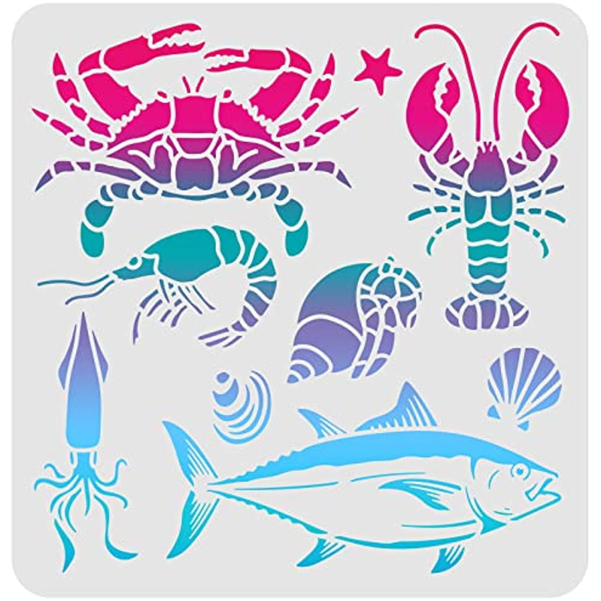 Sea Animal Stencil 11.8x11.8 inch Fish/Shrimp/Crab/Octopus/Conch/Shells