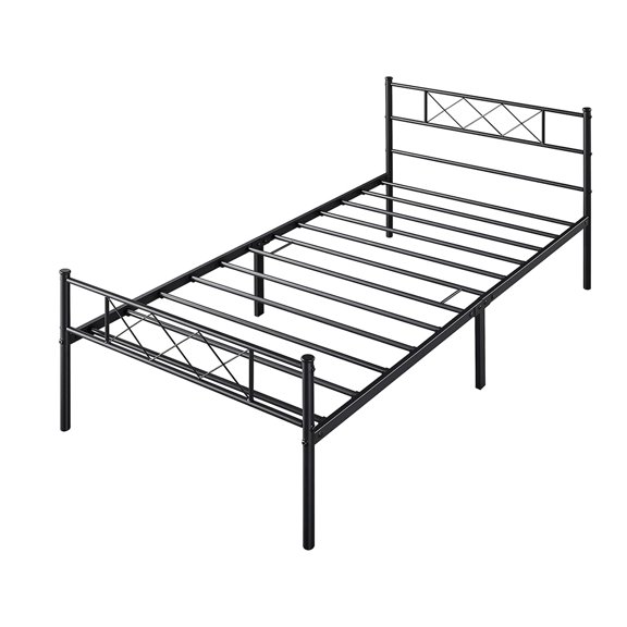 Black Metal Bed Frame with Headboard Mattress, Slatted Bed with Mattress Foundation, Base for Apartment, Home, Bedroom, Dorm, Indoor, Twin Size