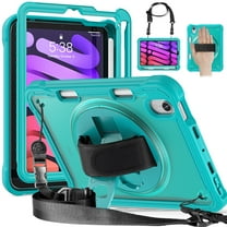 ELEHOLD Hybrid Rugged Case for iPad Mini 6th Generation, Dual-Layer Protective Heavy Duty Shockproof Case with 360° Rotatable Handstrap Foldable Kickstand Crossbody Shoulder Strap,Blue
