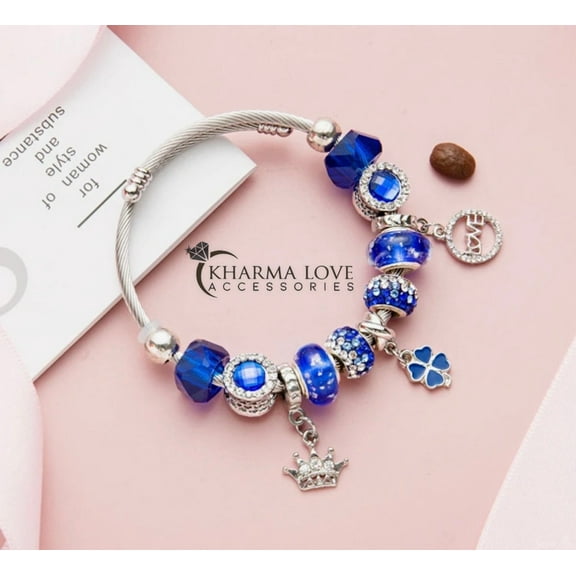 STAINLESS STEEL CHARM BRACELET FOR GIRLS AND ADULT, CRYSTAL BEADED BANGLE