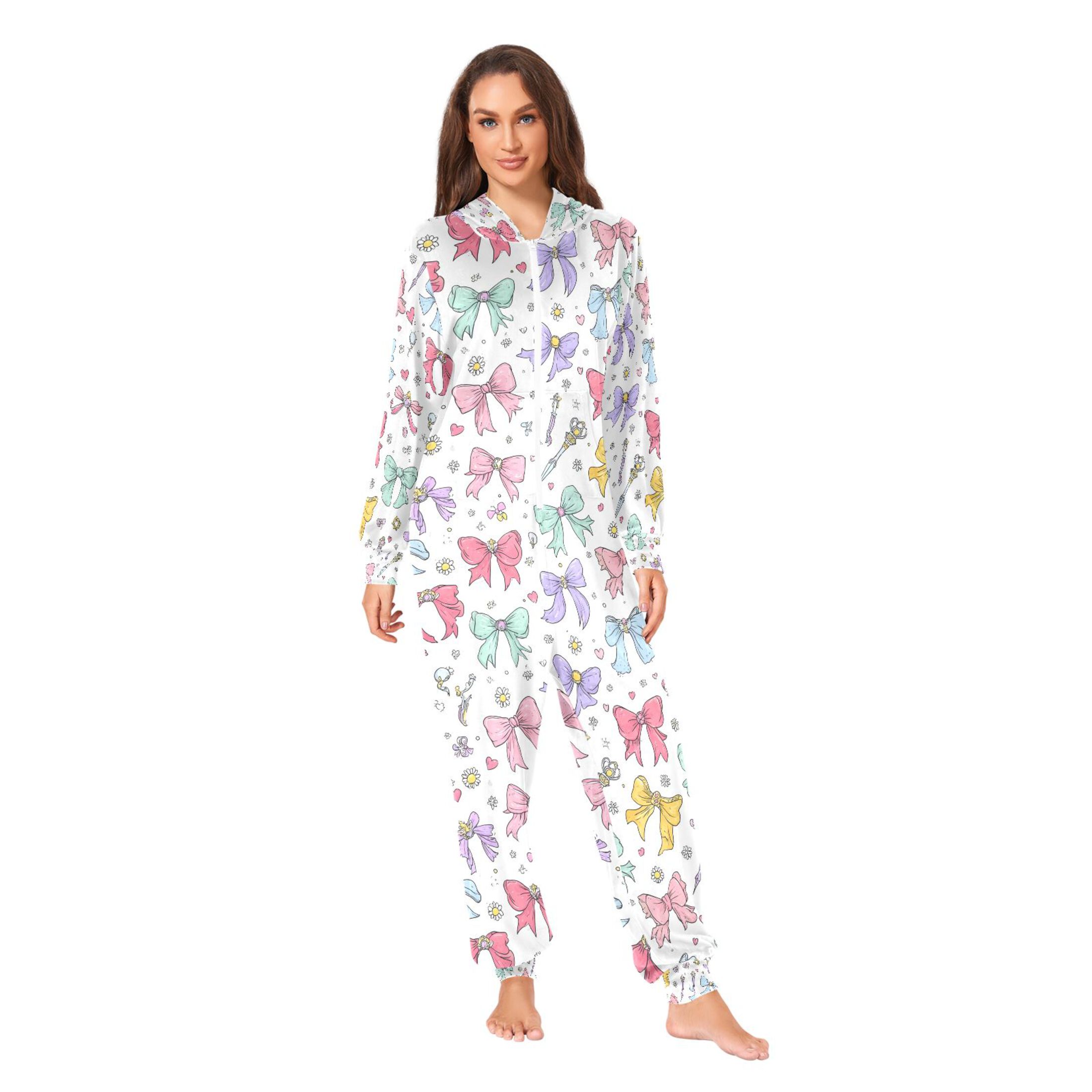 Adult Christmas Onesie Cute Colorful Bows Adult Zipper One-Piece Pajamas Unisex Pajamas with Pockets