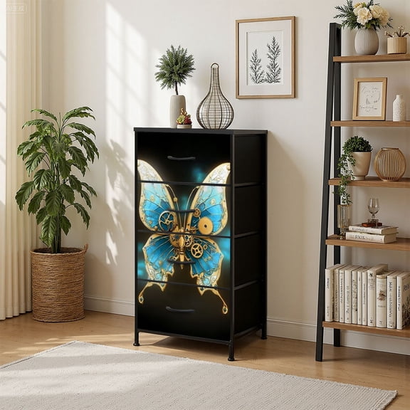 4 Drawer Vertical Storage Dresser Steampunk mechanical butterfly brass gold wings decorated with Wood Top Fabric Pull Drawers