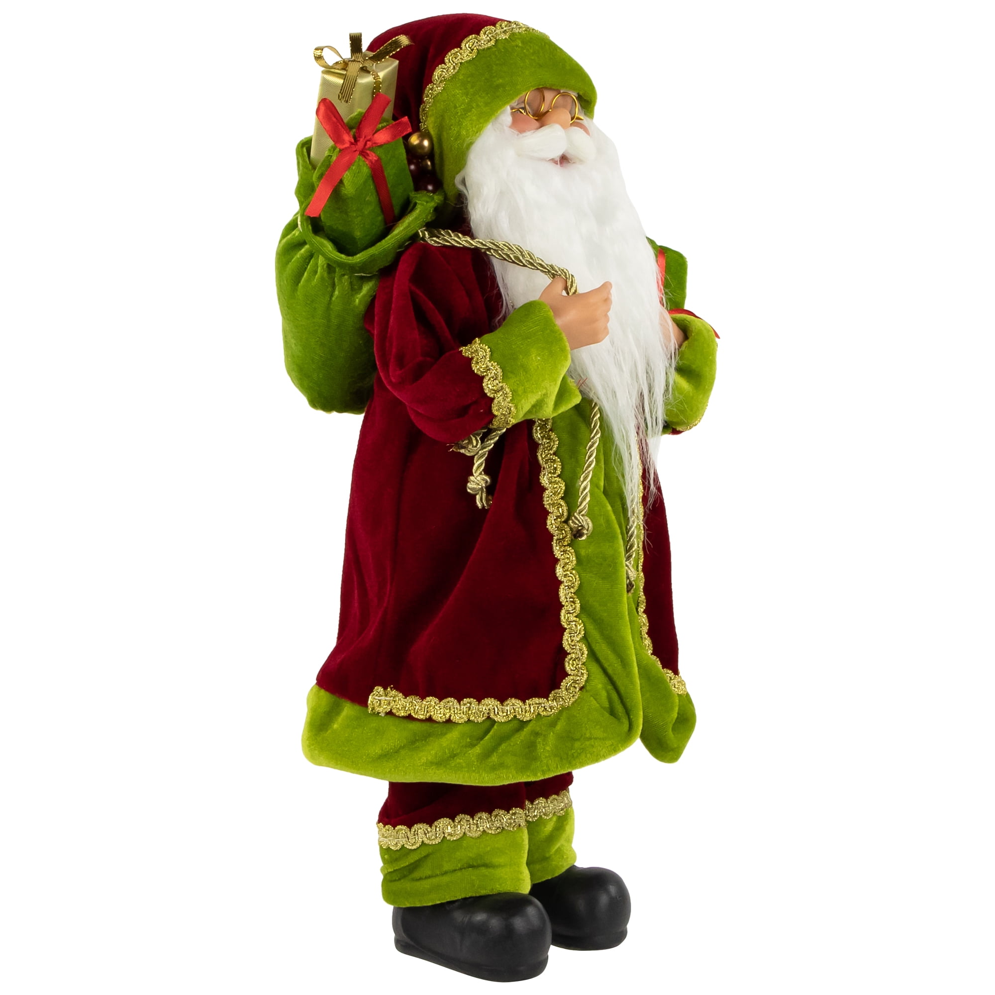 16" Grand Imperial Red Green and Gold Standing Santa Claus Christmas Figure with Gift Bag