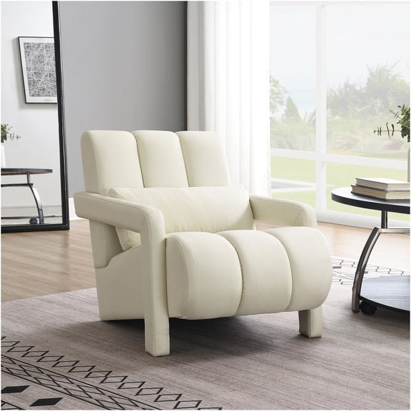 JERFIT Modern Accent Chair with Pillow, Beige Linen Upholstered Armchair for Living Room, Bedroom, Office, Compact Reading Chair