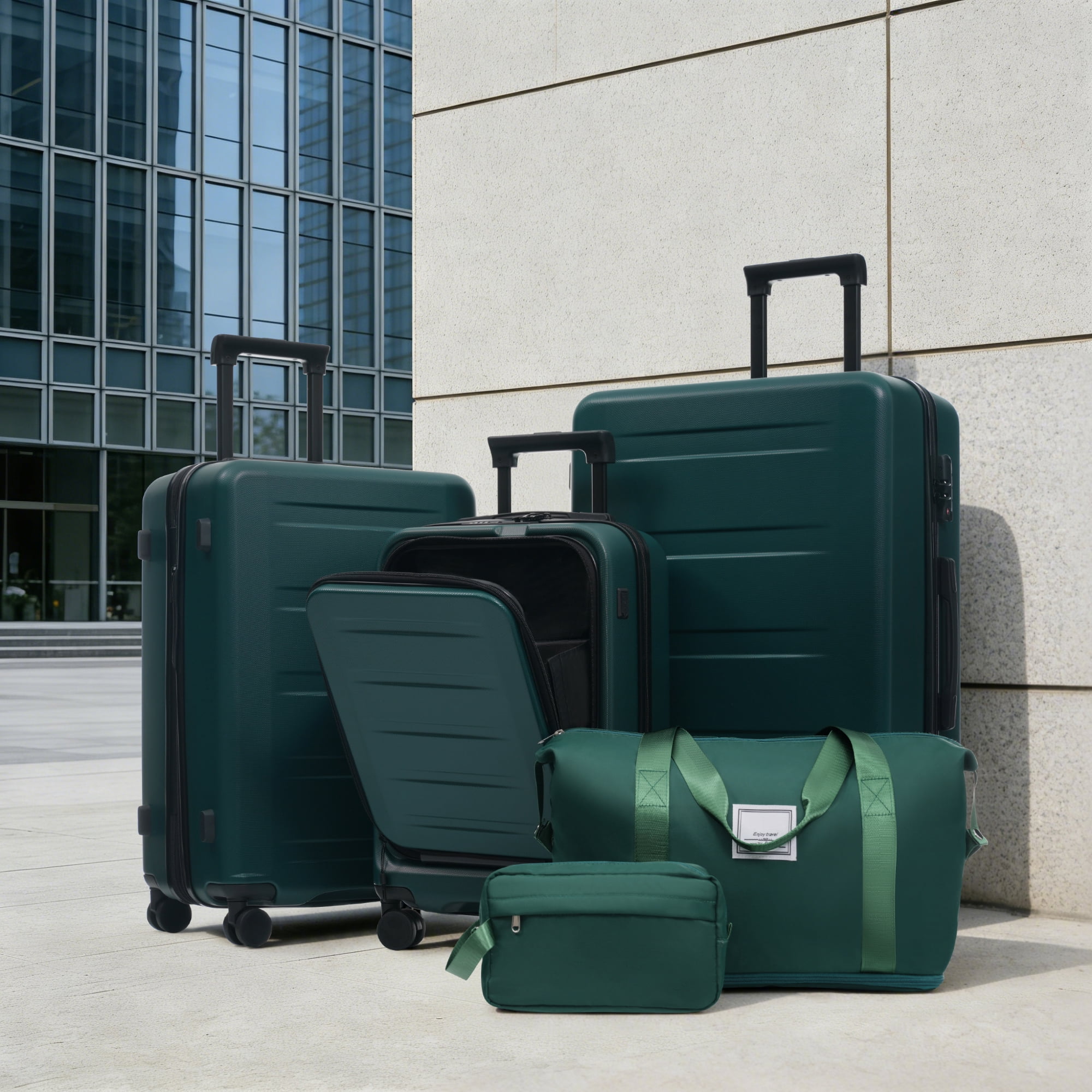 Euroco 5 Piece Front Opening Luggage Sets, Hardside Expandable Carry On Suitcase Set with USB Port,TSA Locks, Spinner Wheels and 2 Bags,Lightweight Travel Luggage for Men Women(20"/24"/28"),Green