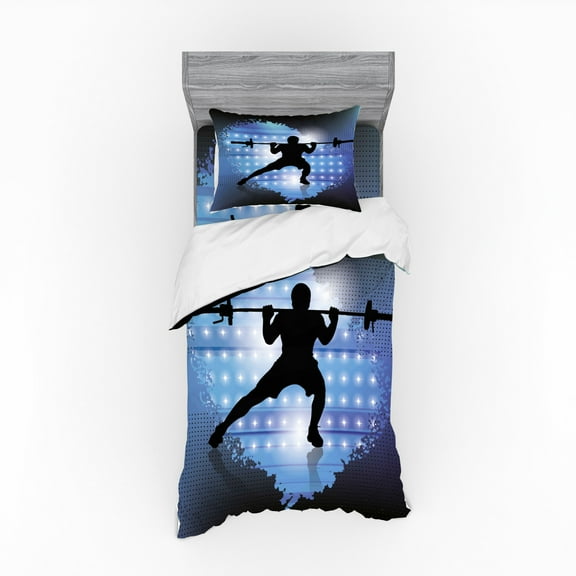 Fitness Duvet Cover Set, Silhouette of Weightlifter on Abstract Backdrop with Stars Champion, Bedding Set with Shams and Fitted Sheet, 3 Sizes, by Ambesonne