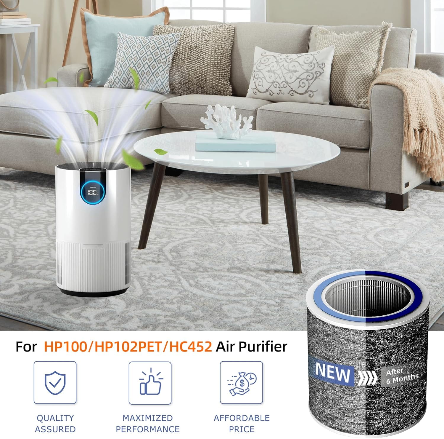 HP102 HEPA Replacement Filter for Shark HP100 Series Air Purifier HP102PET HP132 HC450 HC451 HC452 HC455,3-in-1 True H13 HEPA Activated Carbon Pre-Filter,Compare Part #HE1FKPET, HE1FKBAS