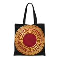 thumbnail image 1 of JSDART Canvas Tote Bag Traditional Vintage Golden Round Greek Meander Pattern on Red Reusable Shoulder Grocery Shopping Bags Handbag, 1 of 1