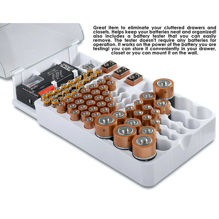 Battery Organizer Storage Case with Tester, Holds 180 Batteries, Clear  Hinged Cover, Locking Lid - For AA, AAA, C, D and More