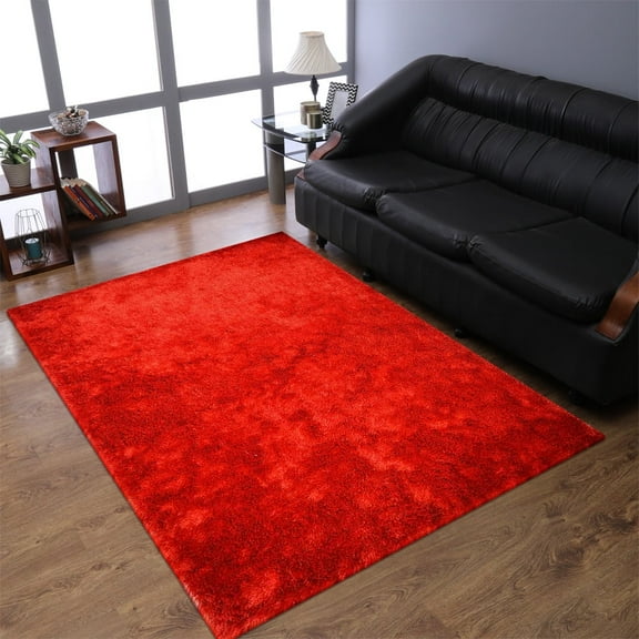 Rugsotic Carpets Hand Tufted Shag Polyester Eco-Friendly Area Rugs - 5'x8', Rectangle, Light Red, Plain Solid Design, High Pile Handmade Anti Skid Rugs for Living Room, Bed Room K00333