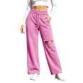 thumbnail image 4 of Women's Wide Leg Sweatpants Drawstring Distressed Hole Design Straight Style Side Pockets Loose Streetwear Casual Athletic Trousers, Sweatpants Y2K Pink XXL, 4 of 6