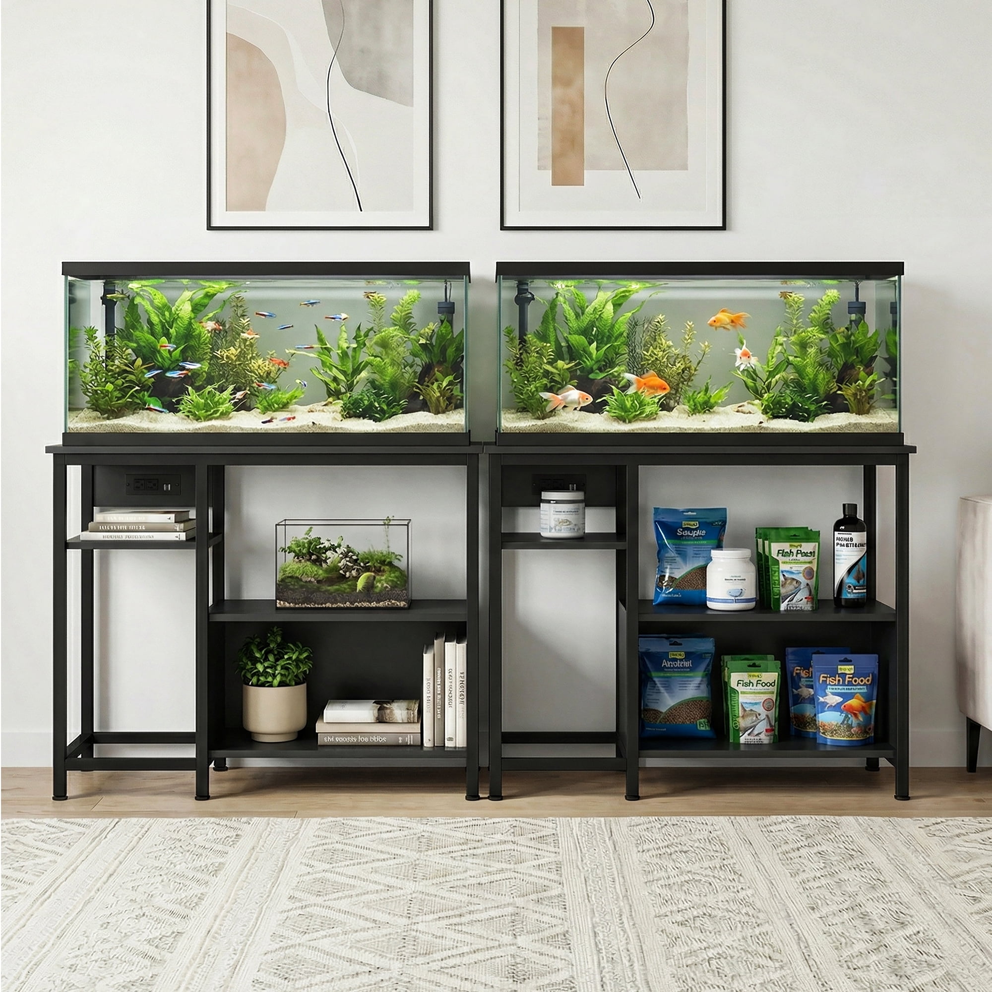 DSstyles 40-50 Gallon Fish Tank Stand with Power Outlets, Metal Aquarium Stand with Accessories Storage, Heavy Duty Fish Tank Table Suitable for Turtle, Reptile Terrarium, 1000LBS Capacity – Black