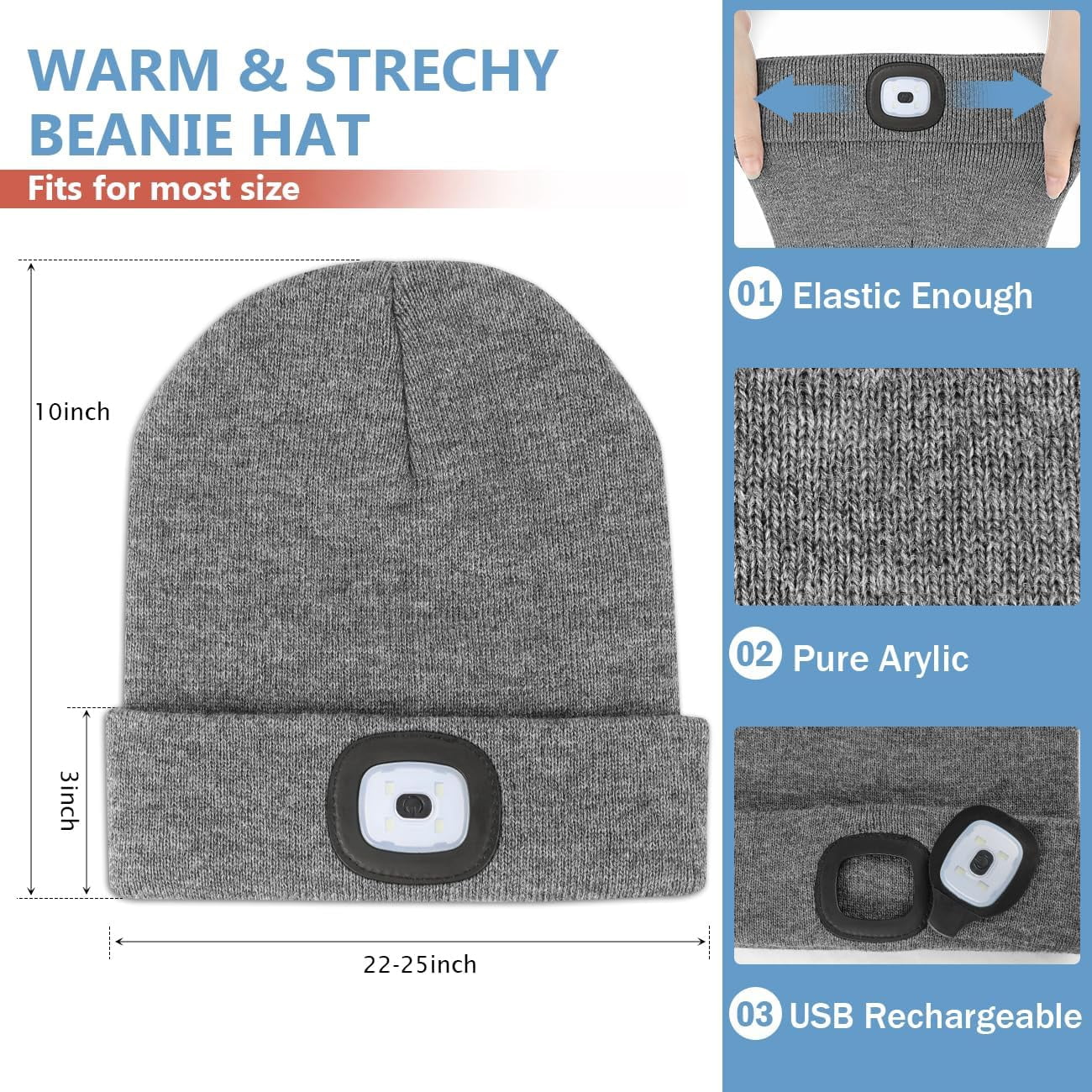 Unisex Hat with Light, 2 Pack USB Rechargeable Hands Free Headlamp LED Beanie,Gifts for Dad Father Men Husband Winter Warm Knitted Cap (Black & Grey)