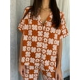 thumbnail image 3 of SUNSIOM Women's Summer 2Pcs Outfits Cartoon Palm Leaf Print Short Sleeves Lapel Tops with Drawstring Pants Set, 3 of 6