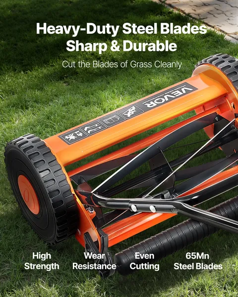 14 Inch Manual Push Reel Lawn Mower 5 Blade Adjustable Height with Grass Catcher and 2 Wheels