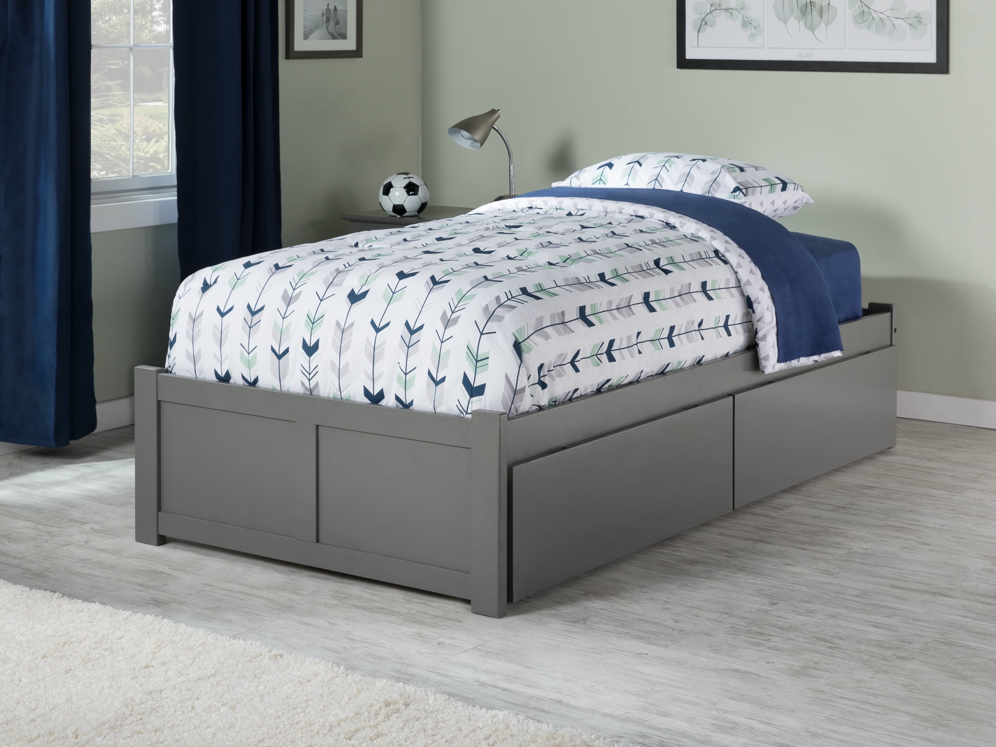 AFI Concord Twin Solid Wood Platform Bed with Footboard & 2 Storage Drawers in Grey