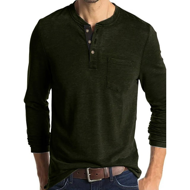 CVLIFE Mens T-shirt Long Sleeve T Shirts Button Down Blouse Casual Henley Basic Tee Work Tops Army Green 2XL