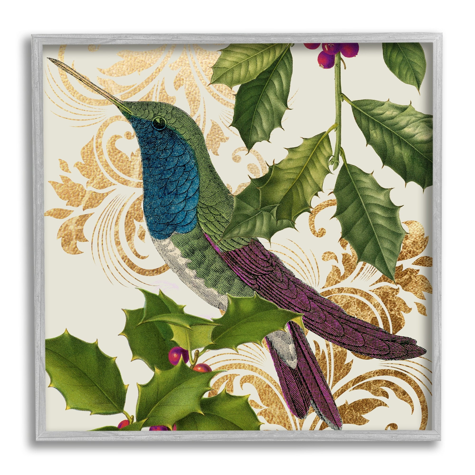 Stupell Industries Curious Hummingbird Golden Pattern Winter Holly Bird,24 x 24, Design by Daphne Polselli