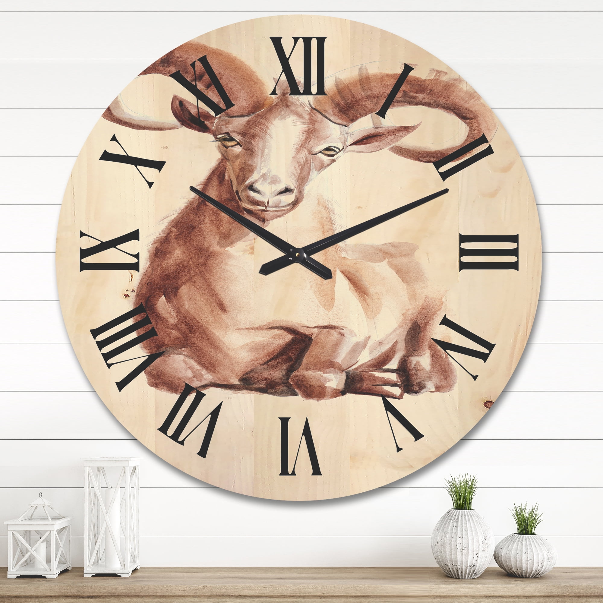 Designart 'Abstract Portrait of Wild Ram With Mighty Horns II' Farmhouse Wood Wall Clock