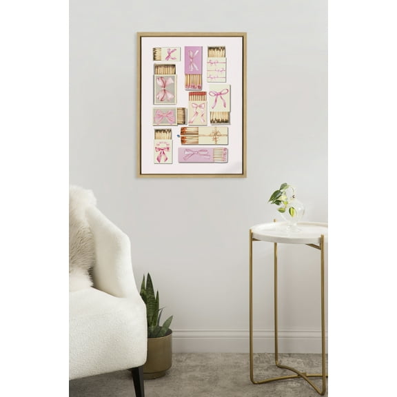 Kate and Laurel Sylvie Retro Matchboxes Bows Framed Canvas Wall Art by Honey Island Studio, 18x24 Natural, Cute Matchbox Art for Wall