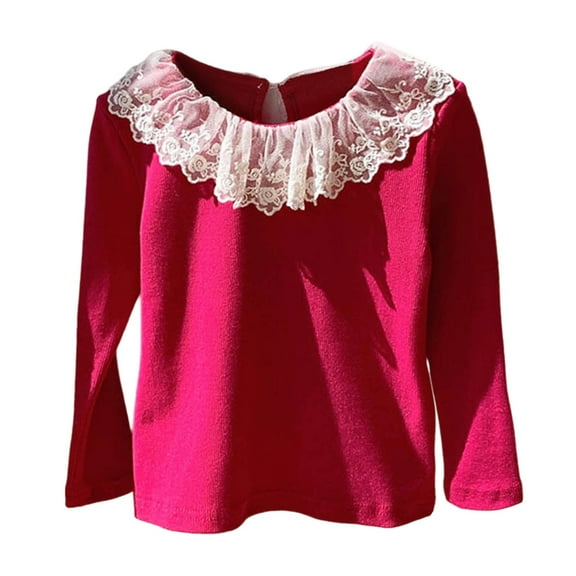 REDARER Girls Long Sleeve Blouse Lace Trim Collar Cute Casual Top Comfortable Soft Basic Tee Spring Fall Winter Wardrobe,Color:Hot Pink,Size:8-9 Years