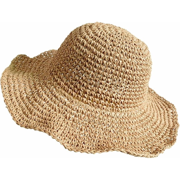 PTSPLLMY Fashion Beach Straw Hats for Women, Handmade Floppy Bucket Sun Hat for Summer Vacation Wide Brim Packable Travel