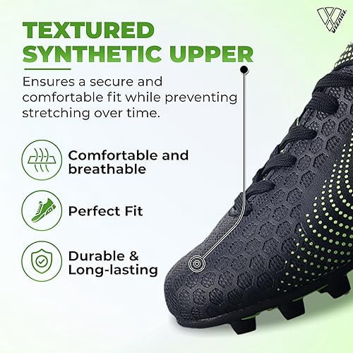 Vizari USA Stealth Firm Ground Soccer Cleats for Kids – Durable, Lightweight Athletic Shoes for Boys and Girls, Black/Green, 13.5