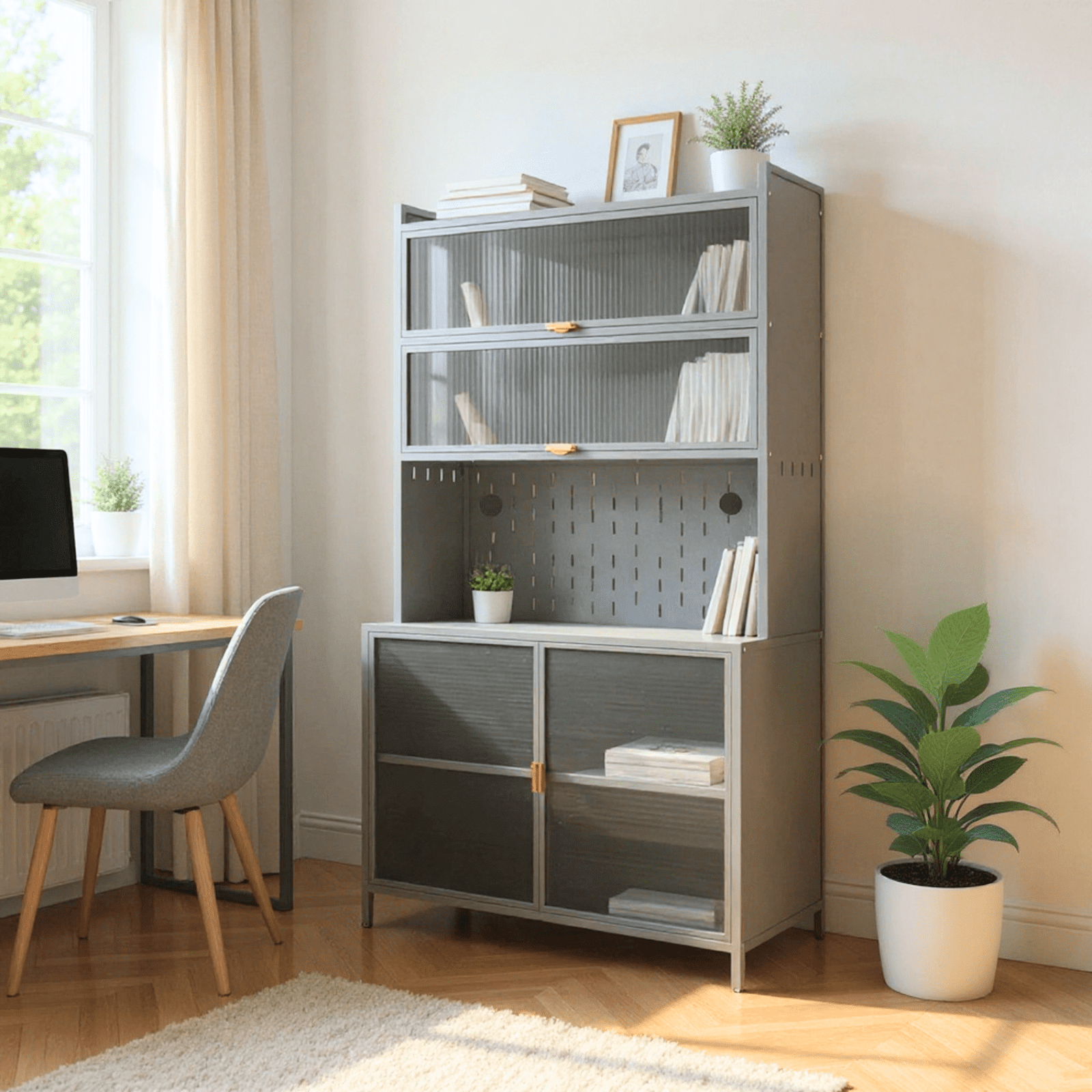 Homy Casa 73" File Cabinet with Glass Doors, for Office Storage and Study Room Organization, Grey