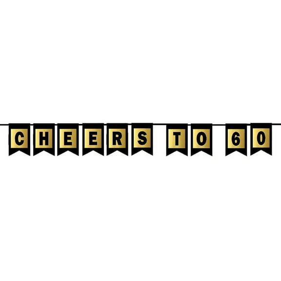 Cheers 60th Brithday Anniversary Black & Mettalic Gold Handing Party Wall Decoration Bunting Banner