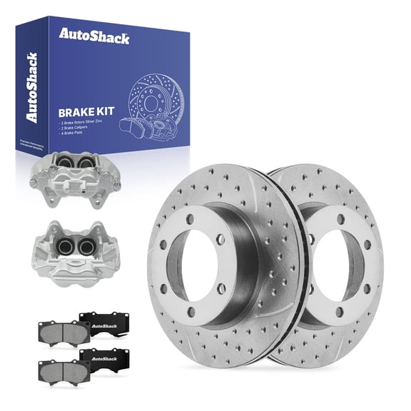 AutoShack Front Brake Rotors, Premium Pads & Calipers for Toyota, Tundra 2000-2006, 4WD RWD V6 3.4L 4.0L V8 4.7L - Silver Zinc Coated Drilled & Slotted - SilverShield Pro - 12.55" (318.7 mm), 6-Lug