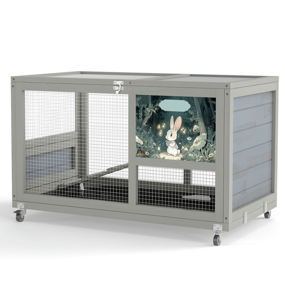GVN Rabbit Coop, Rabbit House, Duck Rabbit Cage,2-Tier Bunny Hutch, Wood Rabbit Cage on Wheels with Openable Roof, Ramp, Easy-to-Clean Tray, Gray