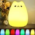 thumbnail image 1 of Luz nocturna LED portátil para niños, lámpara de gato de silicona multicolor, modo de respiración dual, blanco cálido y 7 colores, control táctil sensible para dormitorio., 1 of 5