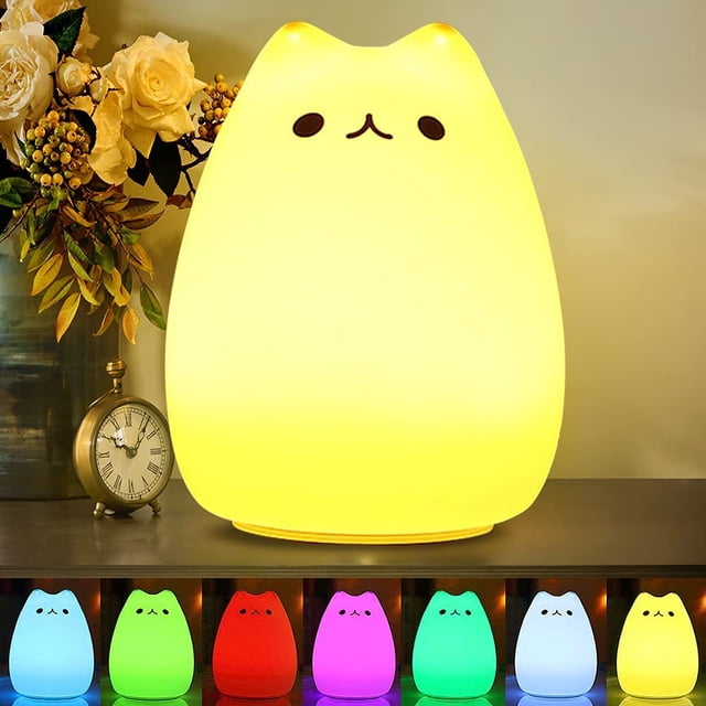 Luz nocturna LED portátil para niños, lámpara de gato de silicona multicolor, modo de respiración dual, blanco cálido y 7 colores, control táctil sensible para dormitorio.