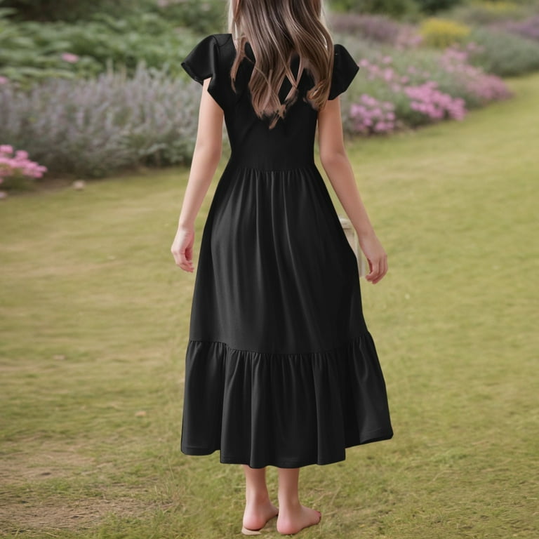WhouRiu Girls Solid Short Sleeve Tiered Dress Cotton Casual Long Dress  Blue,Sizes 6-7