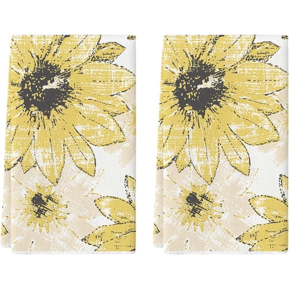 Yellow Floral Boho Kitchen Towels Dish Towels, 18x26 Inch Seasonal Spring Summer Decoration Hand Towels Set of 2